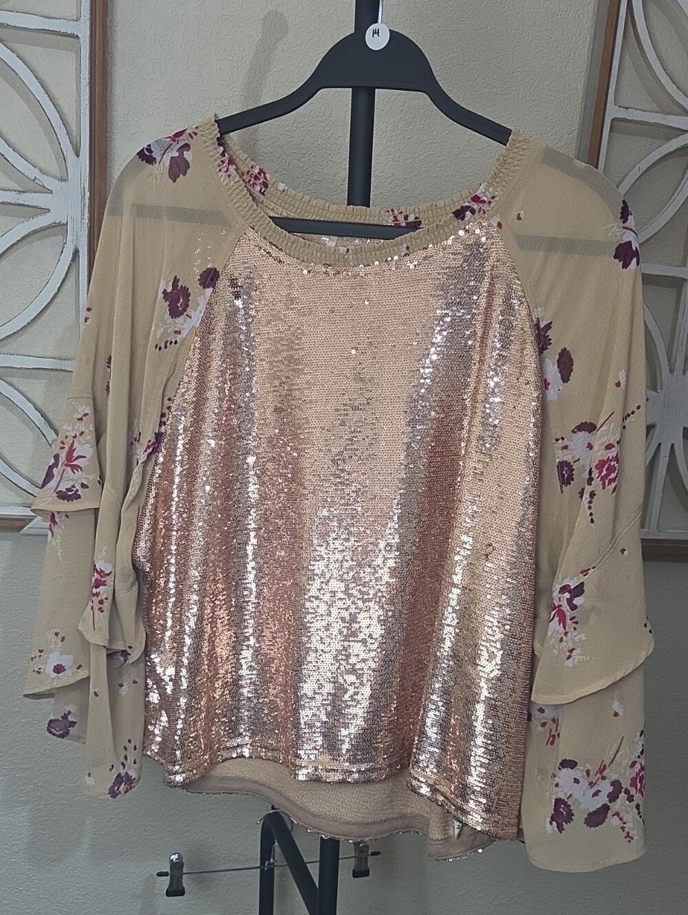 Free People Rose Gold Sequin Front Floral Raglan Top